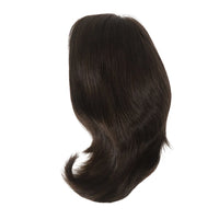 Black lace front wig with shoulder-length loose waves, side view.