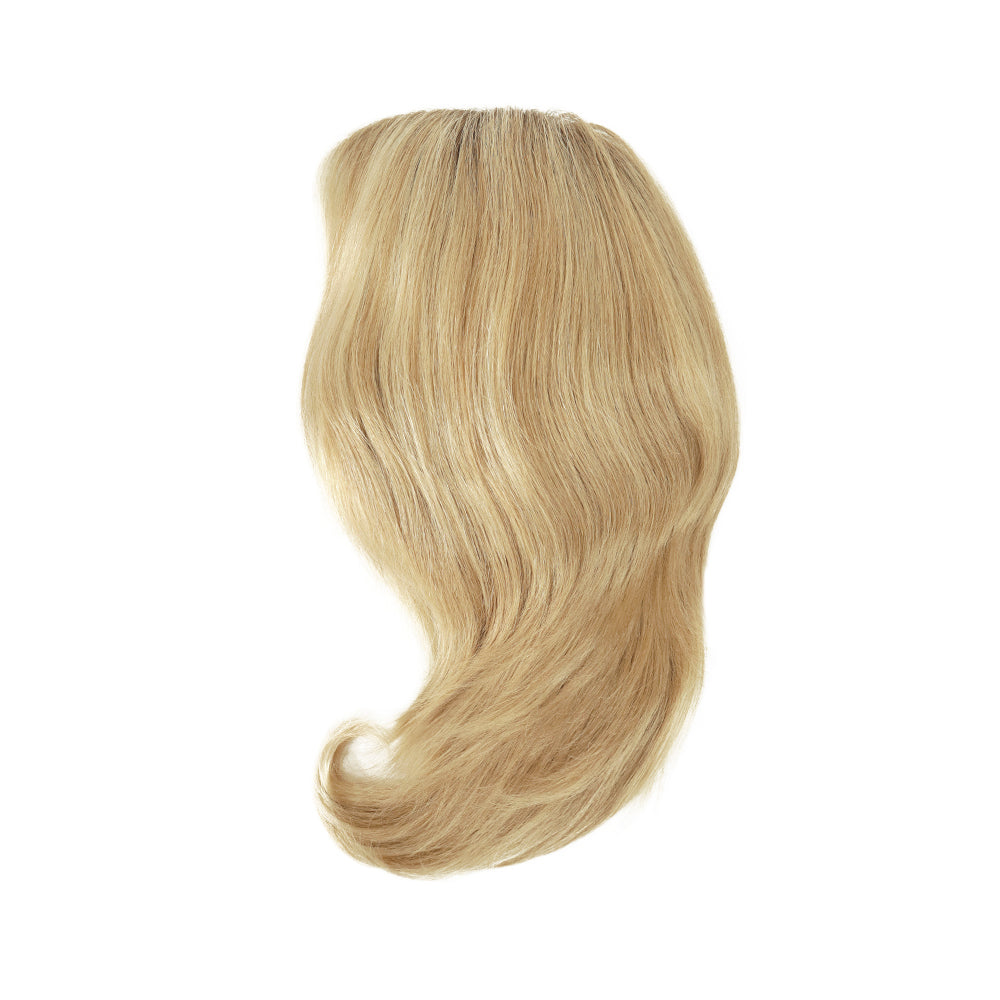 Blonde lace front wig with shoulder-length loose waves, side view.