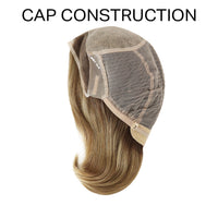 Lace front wig cap construction with light brown hair, angled view.