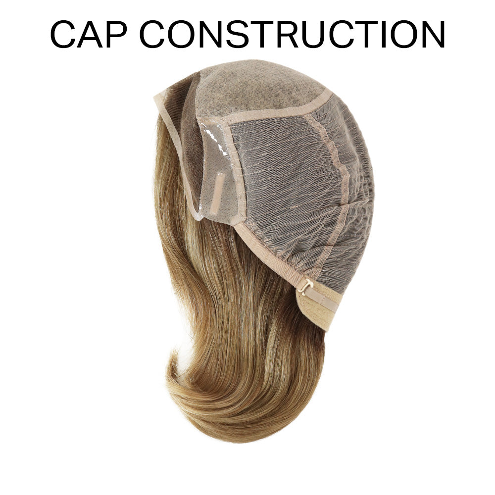 Lace-front wig cap with light brown hair and mesh top, back view