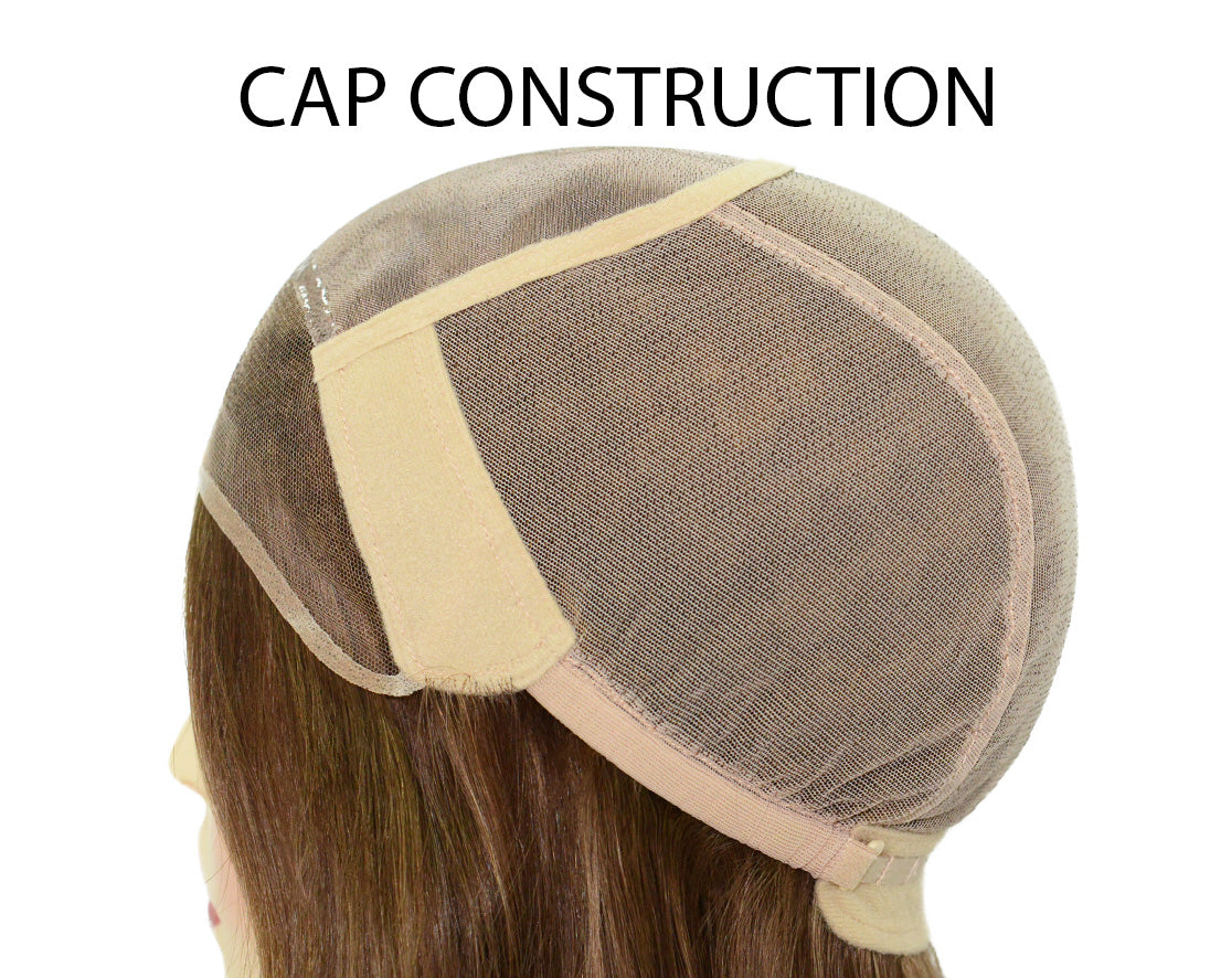 Wig cap with fine mesh panel and beige elastic band, hair base visible