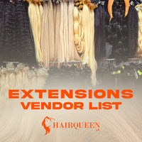 Extensions vendor list card with hanging blonde and dark hair bundles, HAIRQUEEN LA logo