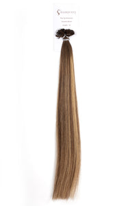 Caramel K-tips hair extensions, straight long strand with dark tip cluster