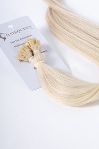 Platinum blonde K-tips hair extensions, flat bonded weft with bundled strands