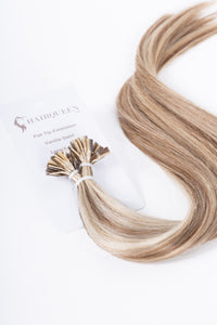 K-Tips vanilla swirl hair extensions with attached keratin tips, light blonde streaks