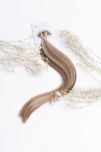 K-Tips vanilla swirl hair extensions bundle with keratin tips and light beige tones