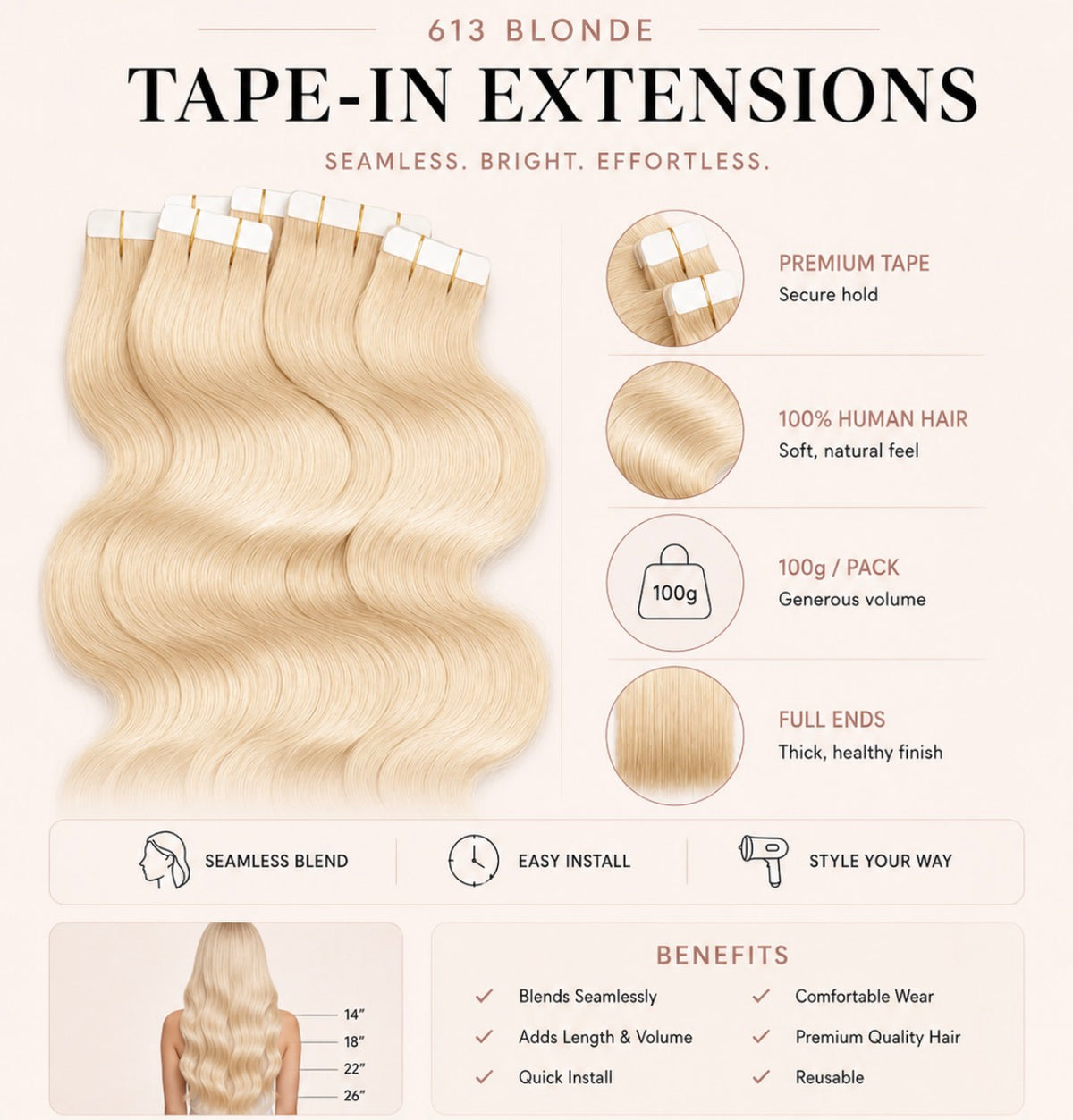 Blonde body wave tape-in hair extensions with seamless weft, wavy strands