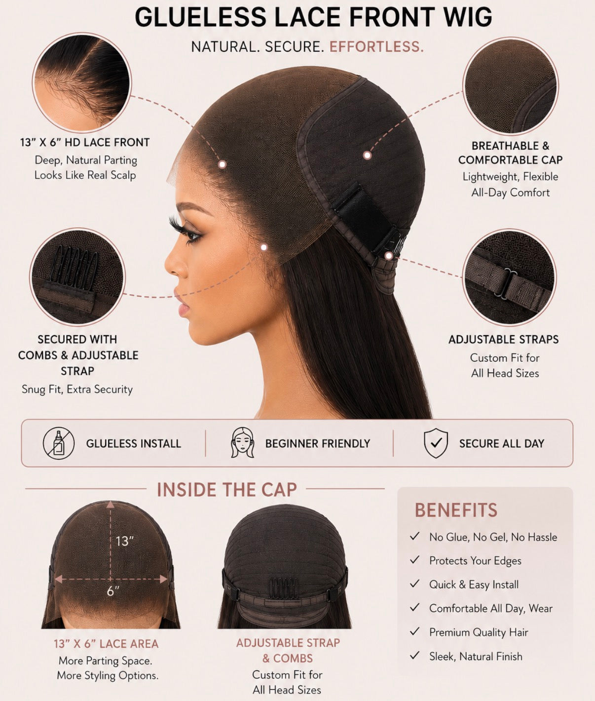 Dark brown glueless lace front wig with adjustable straps and breathable cap