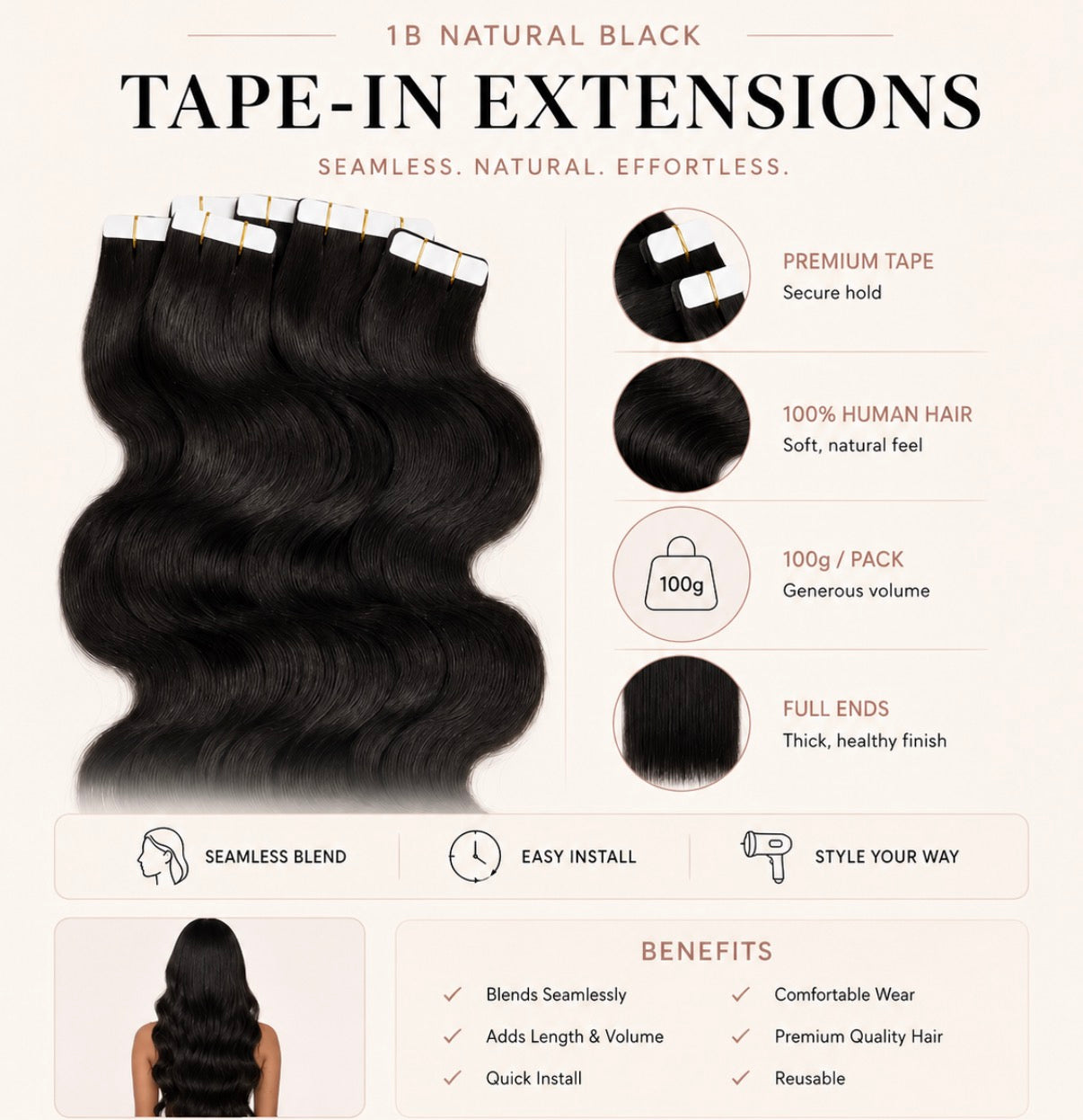 Tape-in human hair extensions in natural black body wave, bundle of weft strands