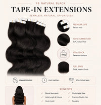 Tape-in human hair extensions in natural black body wave, bundle of weft strands