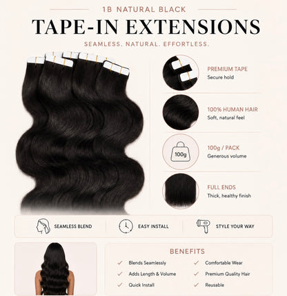 Tape-in human hair extensions in natural black body wave, bundle of weft strands