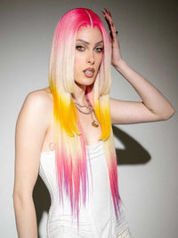 Long straight multicolor wig with pink, yellow, and white tones; side view.