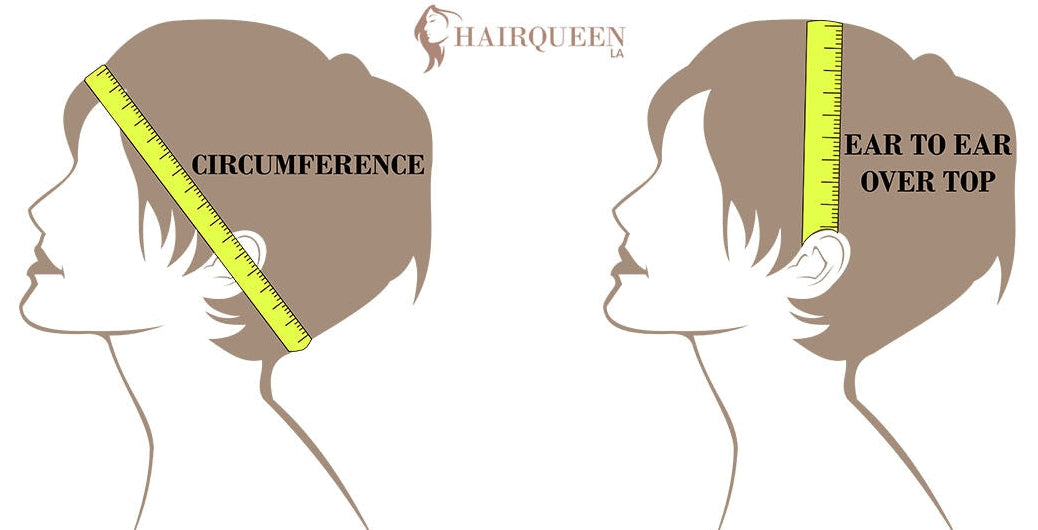 Wig cap size chart: measure the circumference of the head, and from ear to ear over the top