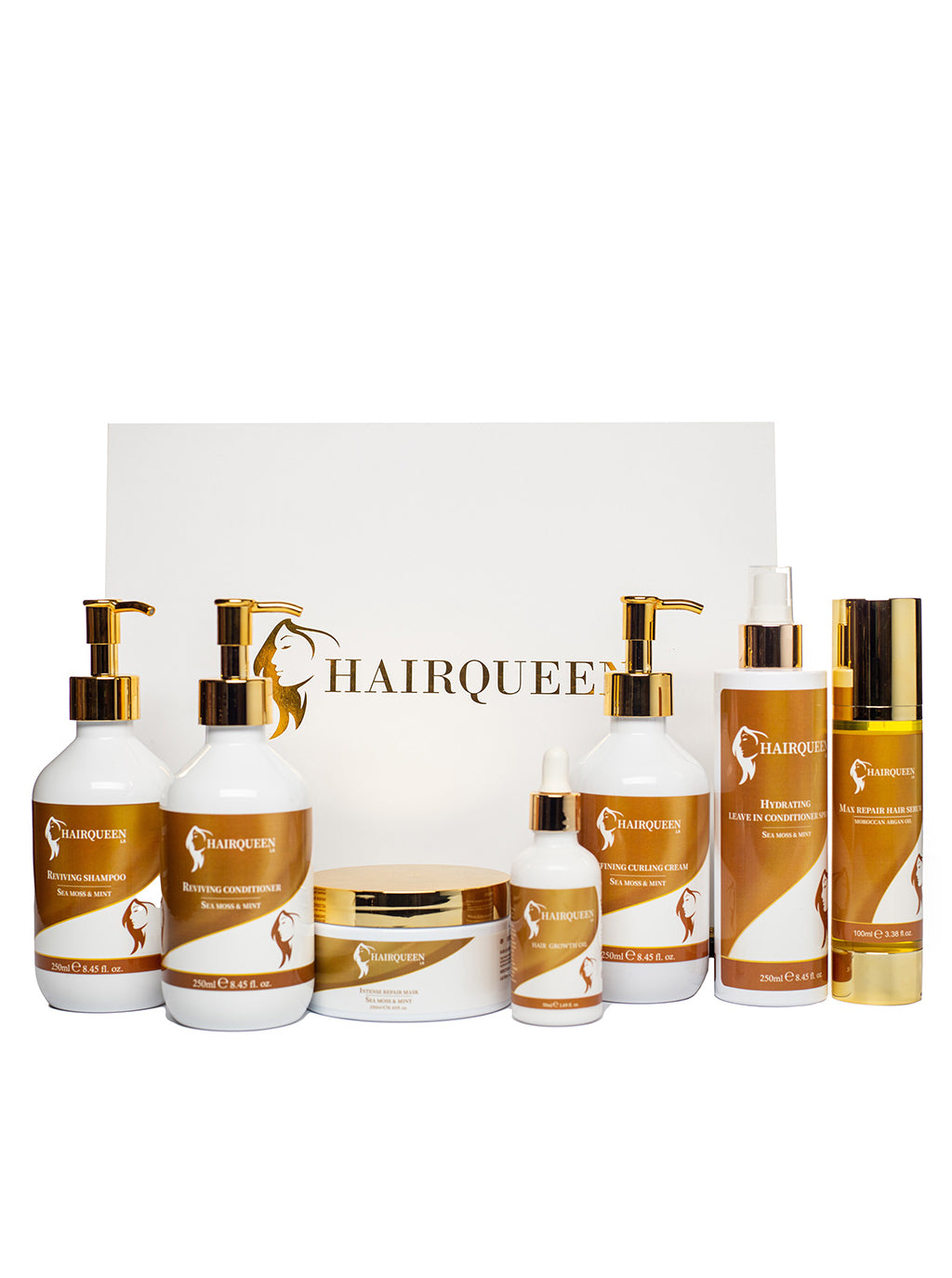 Hair Queen LA hair care kit with pump bottles and tubes, amber and brown