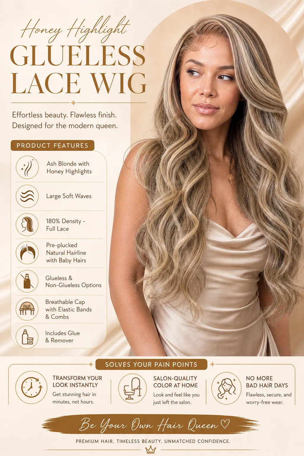 Glueless lace wig product box with model wearing long wavy honey-blonde hair