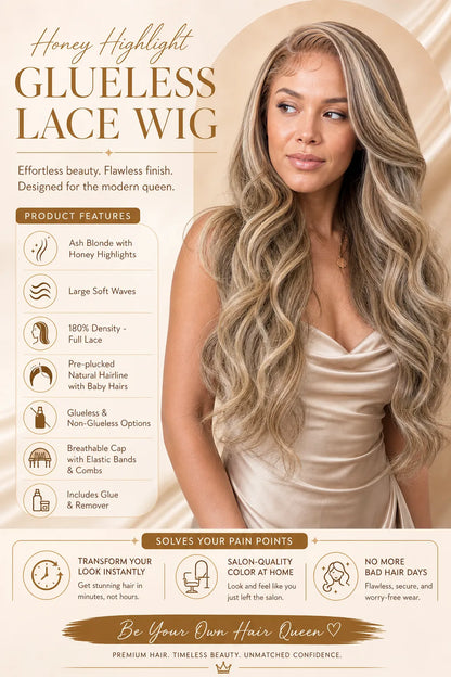 Glueless lace wig product box with model wearing long wavy honey-blonde hair