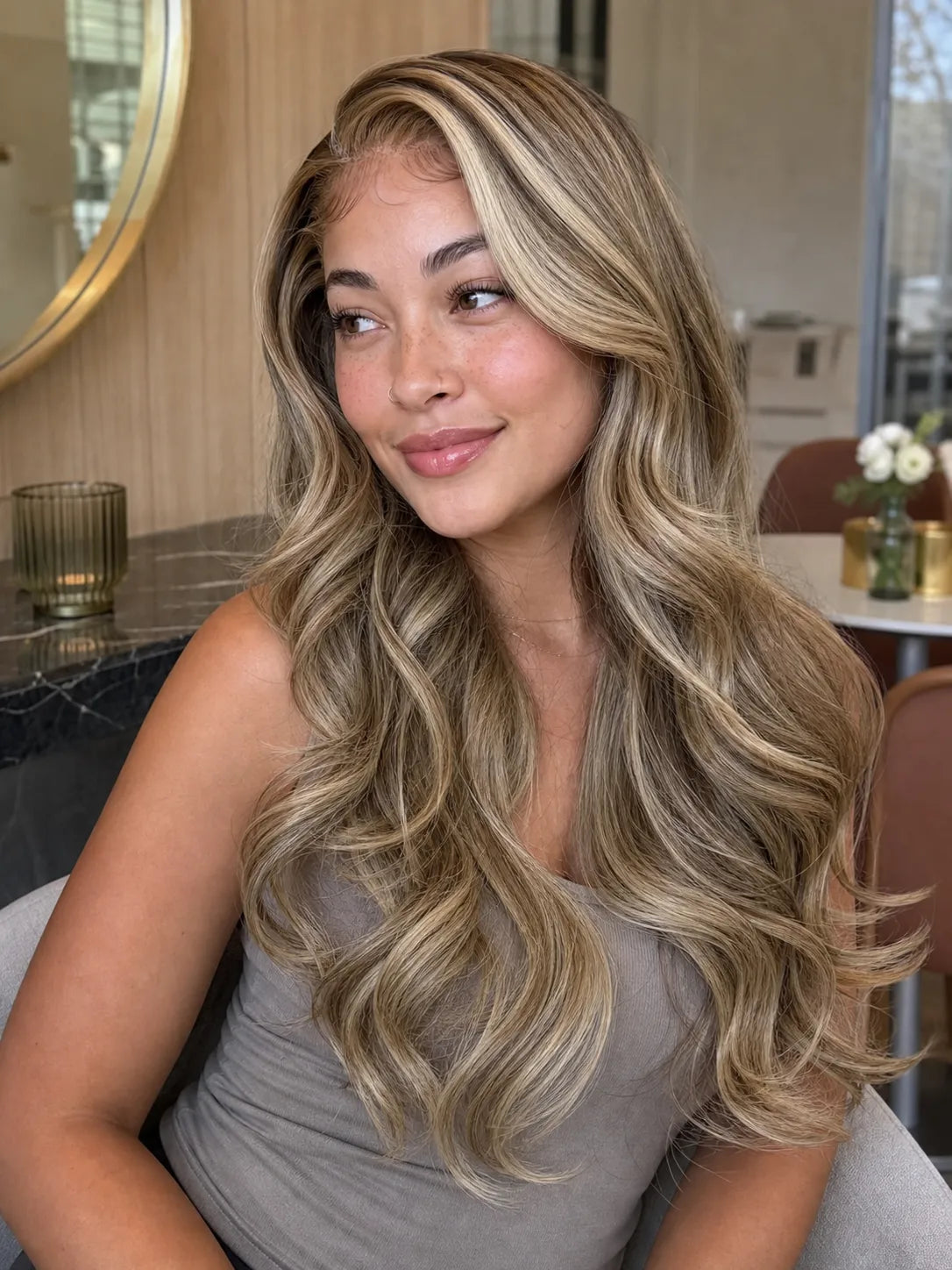 Honey-highlight lace wig with long loose waves and blended honey blonde highlights