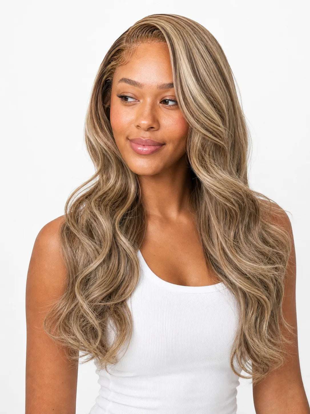 Honey-highlight lace wig with long body-wave blonde hair, center-parted look