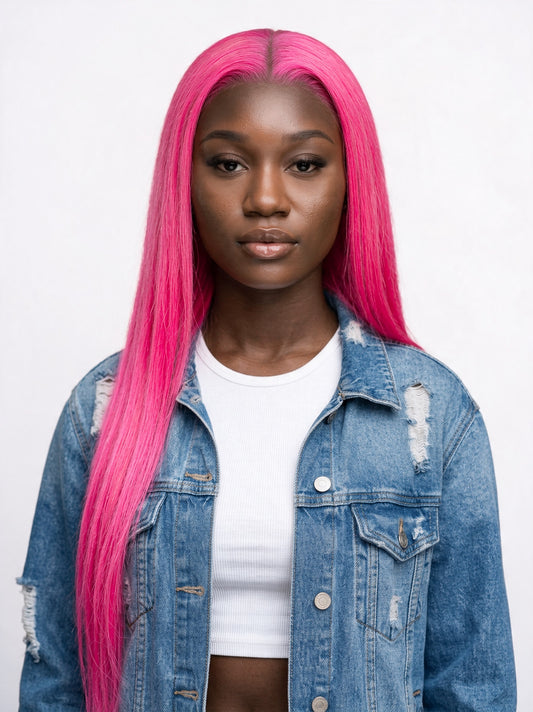 Hot pink lace wig with long straight hair and side part on model.