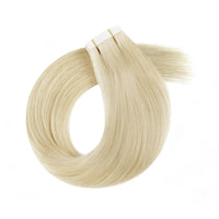 Platinum blonde tape-in hair extension weft with straight hair strand looped