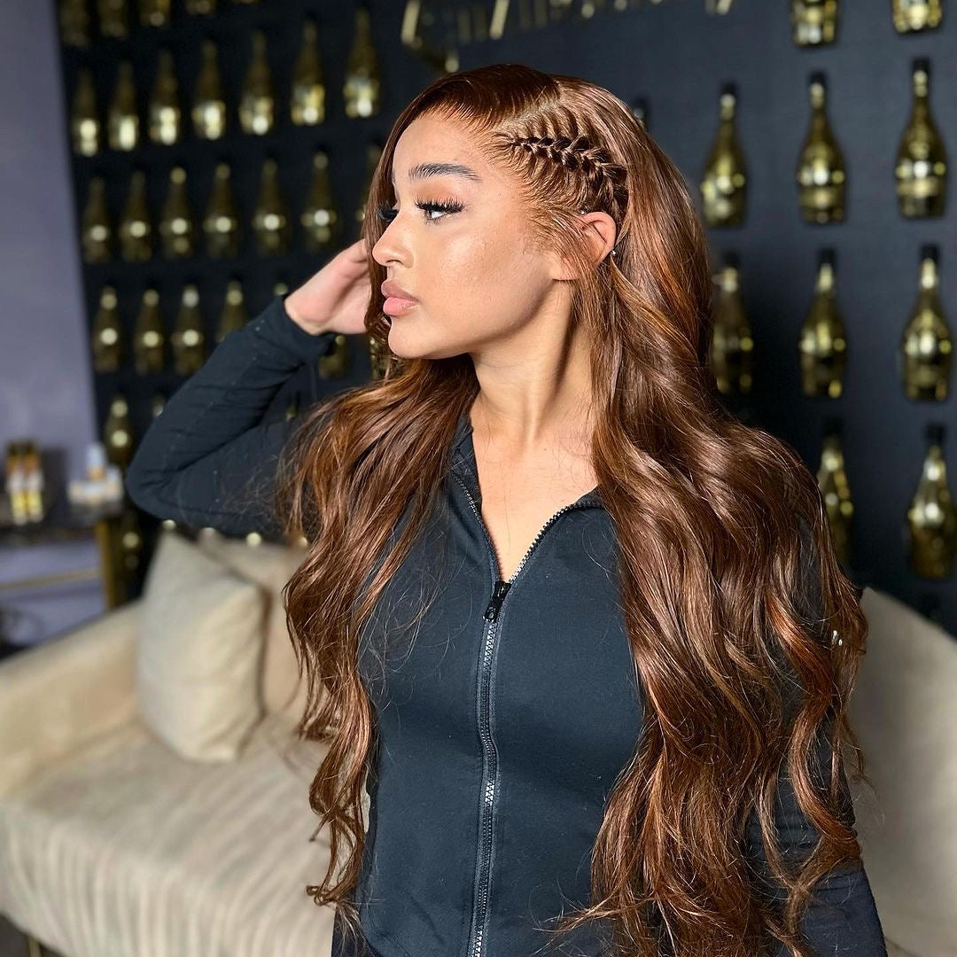 Long wavy lace-front wig with dark brown hair and braided part, shown from the side
