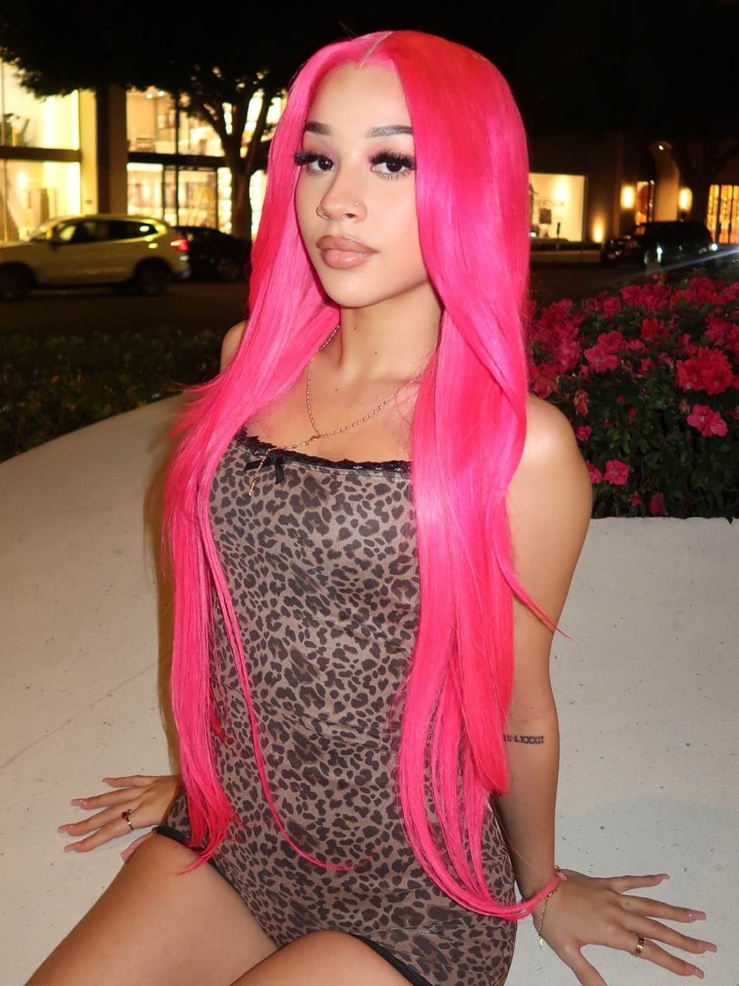 Hot pink lace wig with long straight hair, center part, full coverage