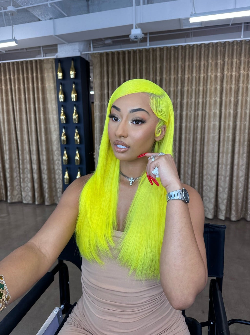 Neon green straight lace wig with long center-parted hair