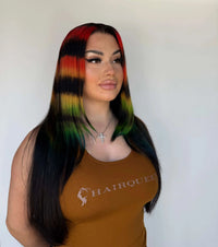 Long straight wig with dark base and rainbow-colored front fringe