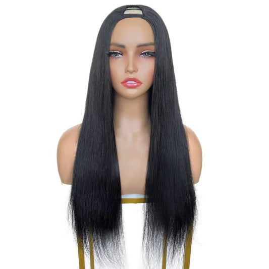 V part straight wig, long straight black hair with V-shaped front part