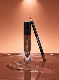 Mocha brown lip gloss and lip liner set with glossy tube and angled applicator