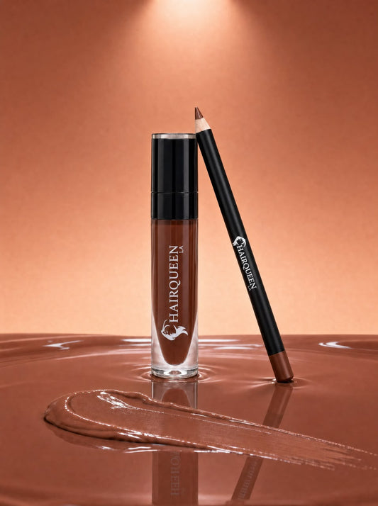 Mocha brown lip gloss and lip liner set with glossy tube and angled applicator