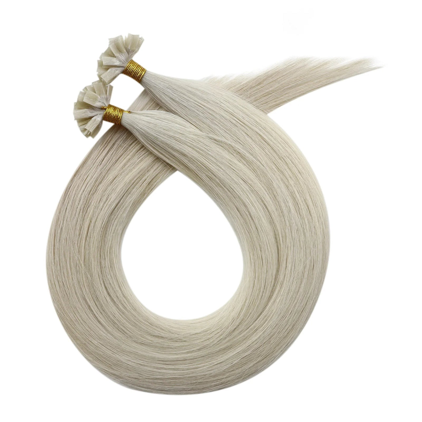 Blonde hair extension strands with gold-tipped loops for attachment