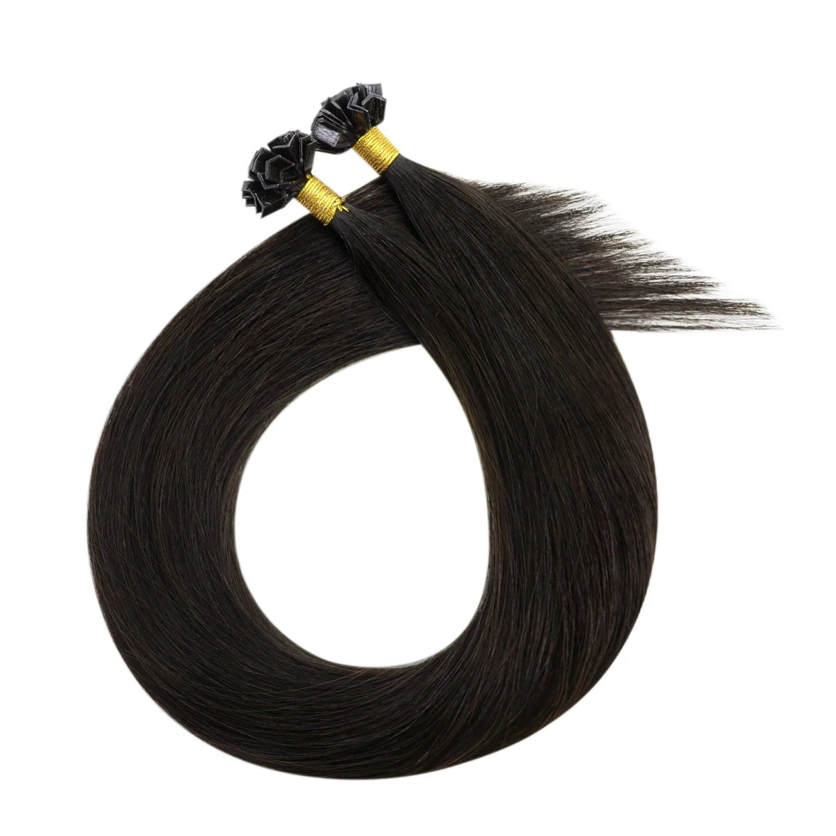 Dark hair extension strands with gold-tipped loops for attachment