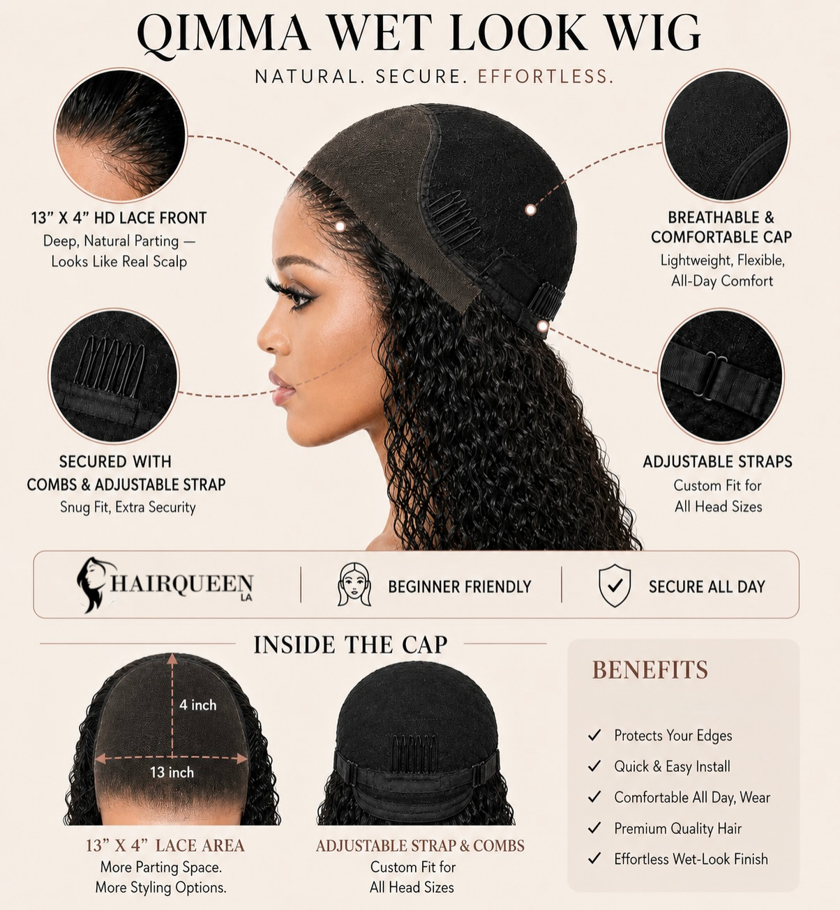 Black wet look lace front wig with long defined curls and natural parting