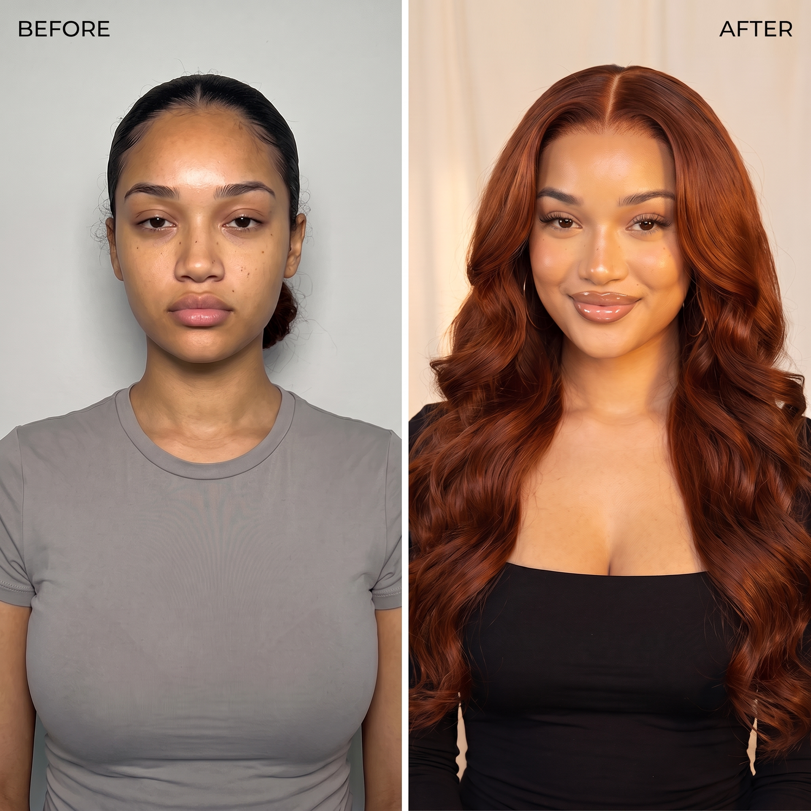 Auburn lace wig with long loose waves on model in black top