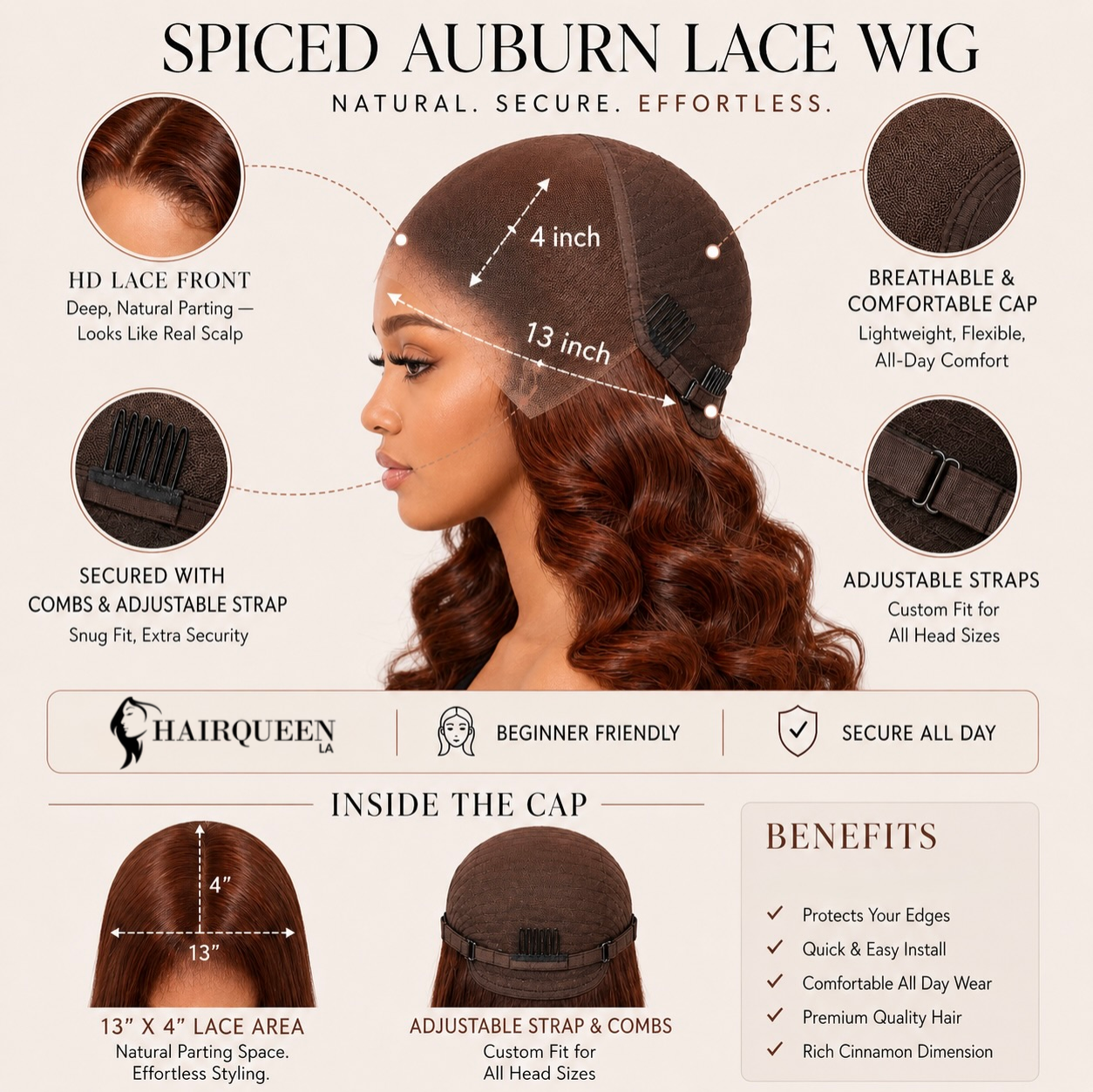 Auburn lace wig cap diagram with adjustable straps and combs