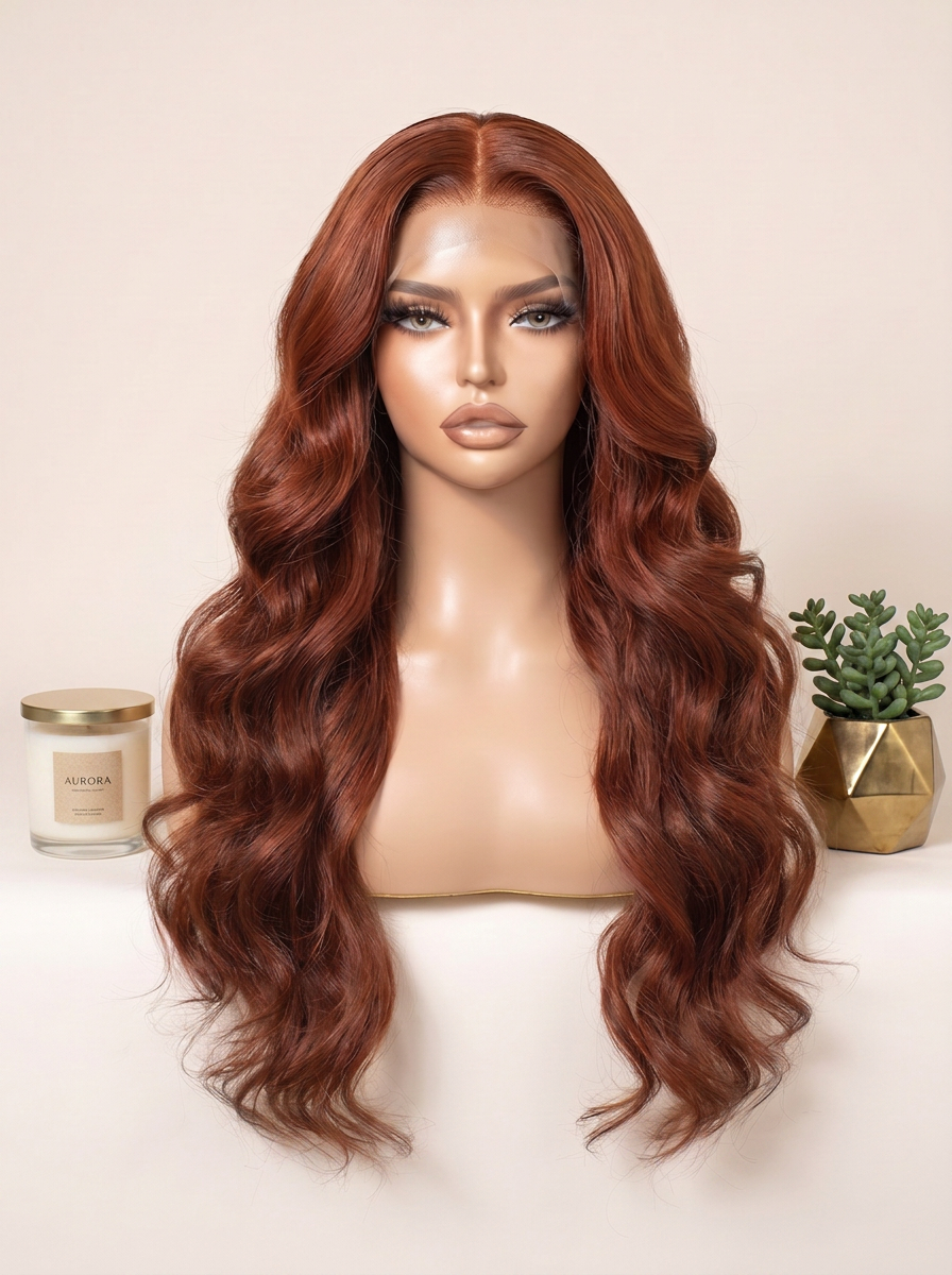 Auburn long wavy lace wig on mannequin, center part, voluminous curls