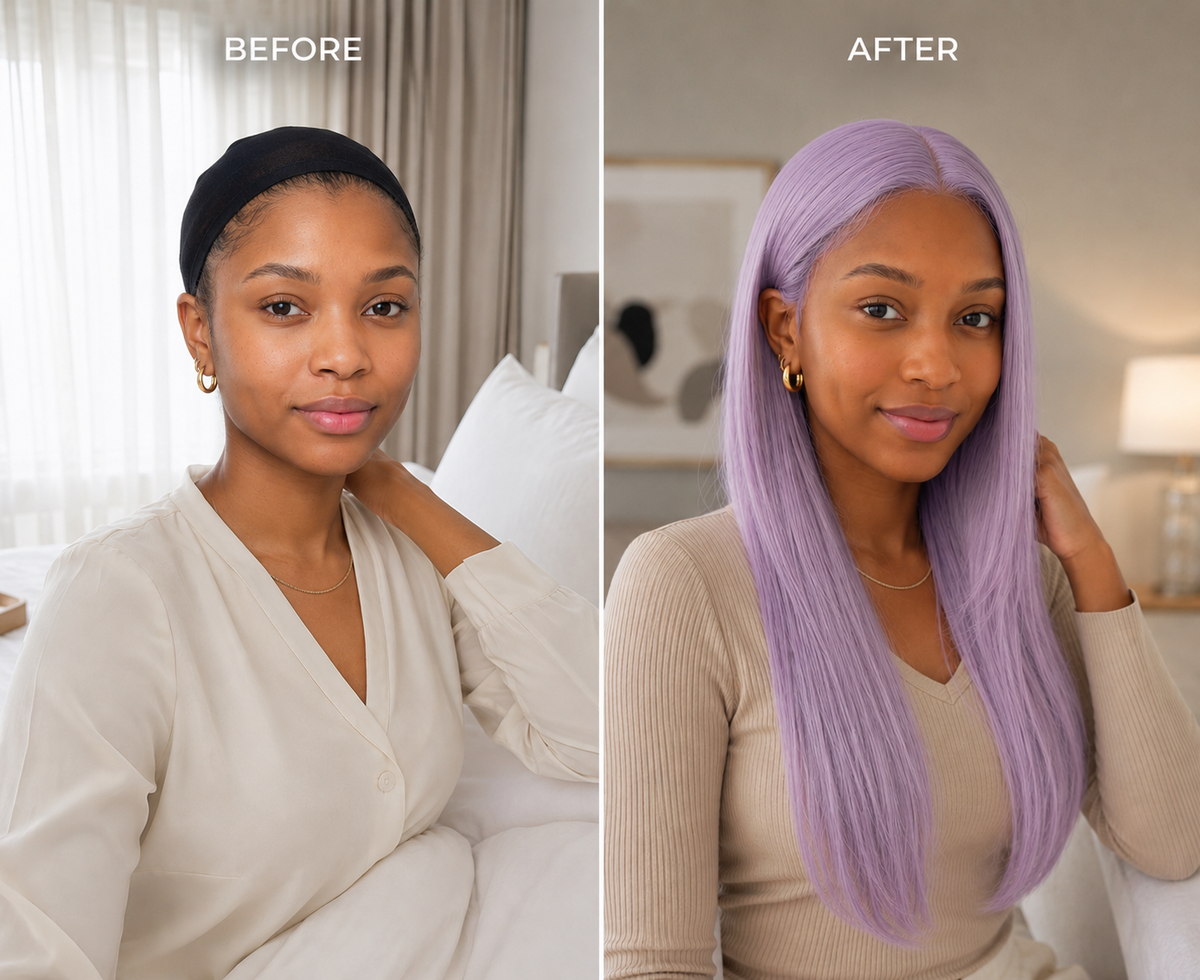 Vanilla lace-front wig with long straight lavender hair, worn by model facing camera