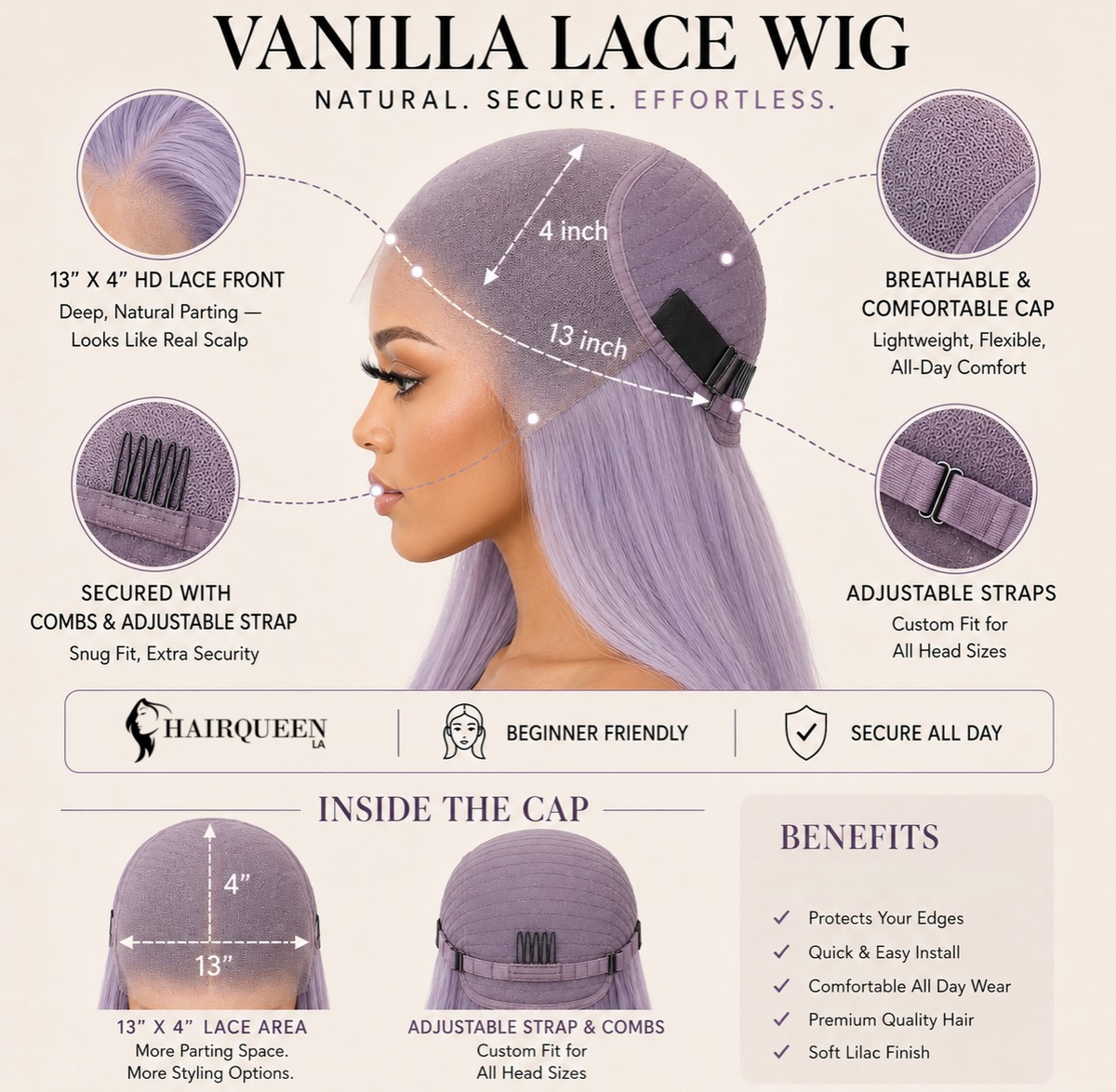 Vanilla lace-front wig with long straight lavender hair, side profile on model