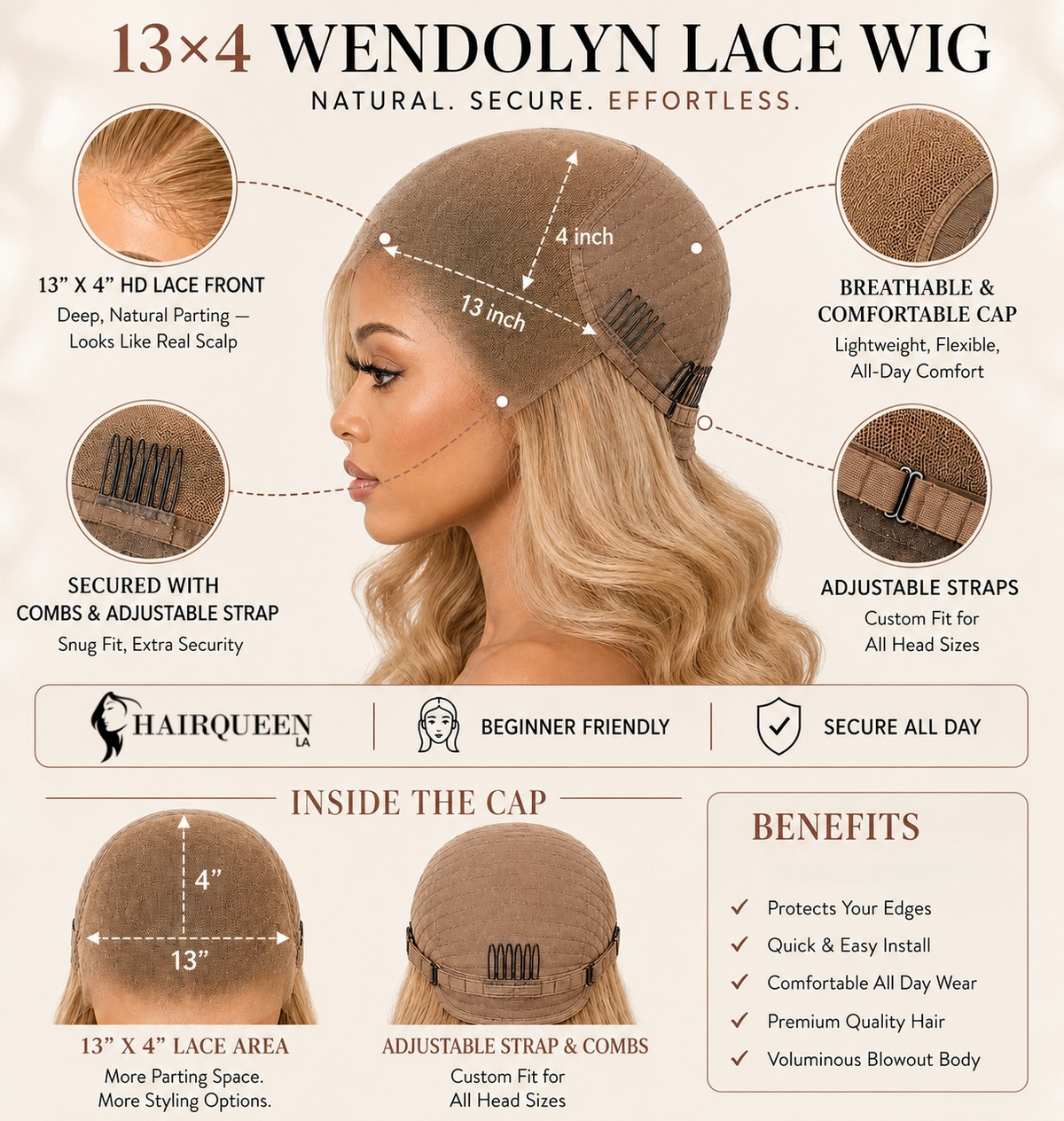 Light blonde 13x4 lace front wig with long wavy hair and adjustable cap straps