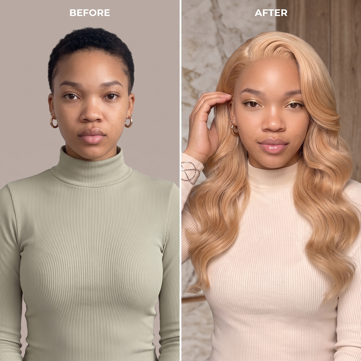 Light blonde long wavy lace wig shown on model for a natural after look