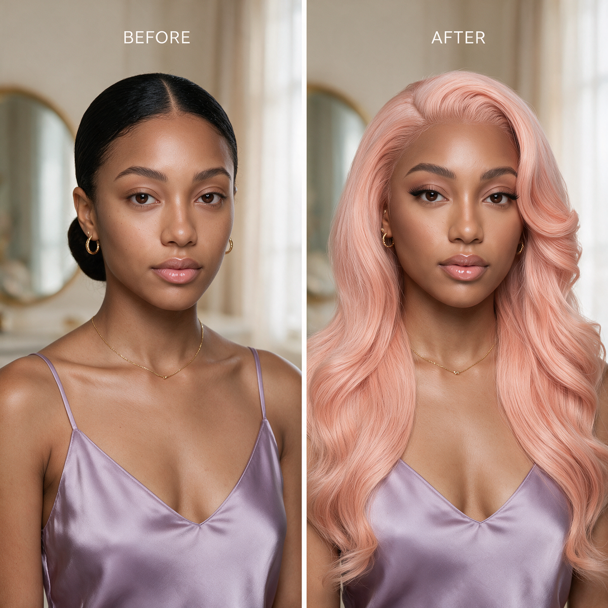 Two-panel view: light pink wig with long wavy hair and side part.