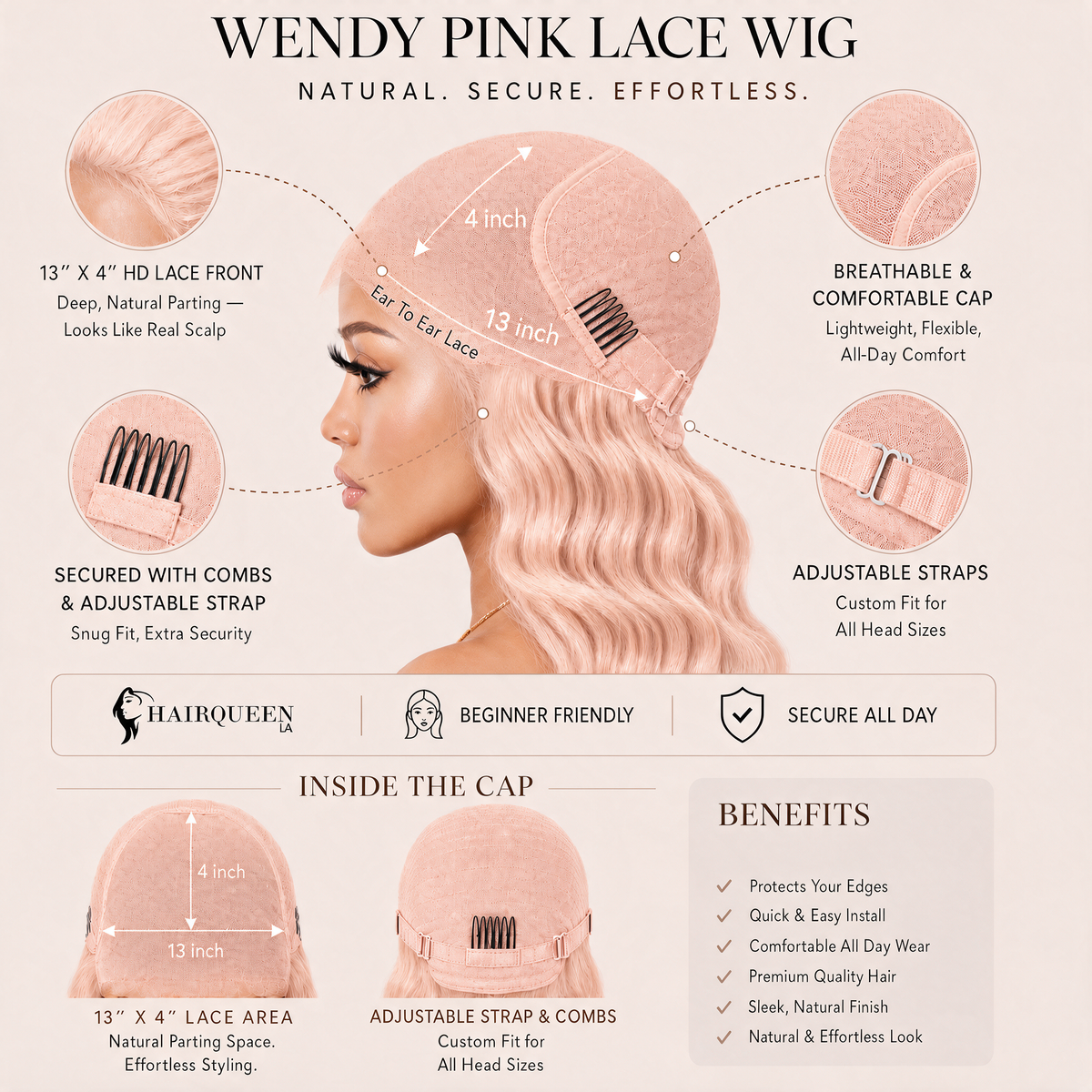 Light pink lace front wig with long wavy hair and side part.