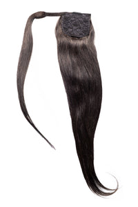Black ponytail hair wrap with long straight extension and fabric base