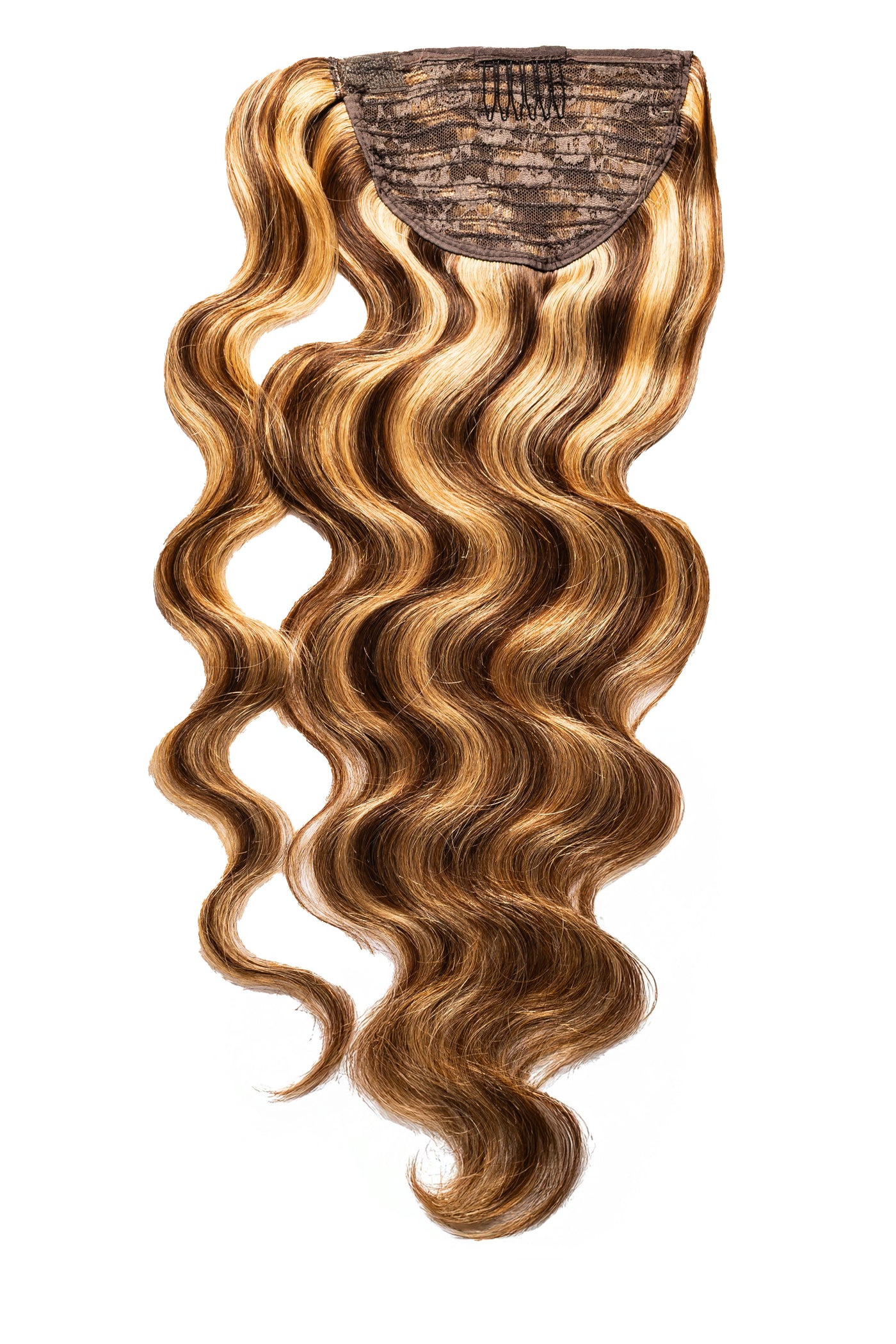 Caramel blend ponytail wrap hairpiece with wavy long hair and dark mesh cap