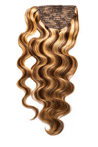 Caramel blend ponytail wrap hairpiece with wavy long hair and dark mesh cap
