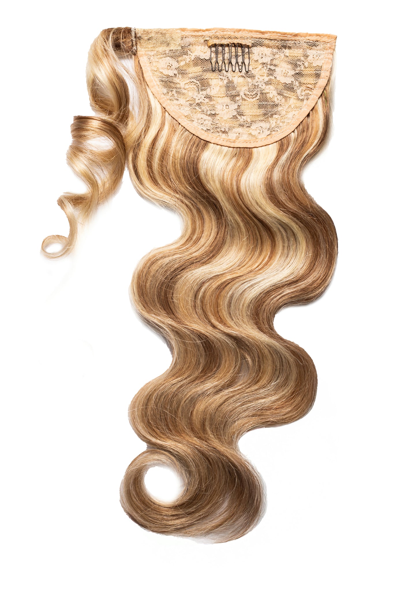 Beige wavy hair extension with wrap cap and combs, long curled ponytail