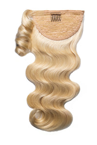 Blonde ponytail wrap hair extension with wavy strands and snap comb at top