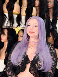 Lavender lace-front wig with long straight hair, center part, and natural hairline.