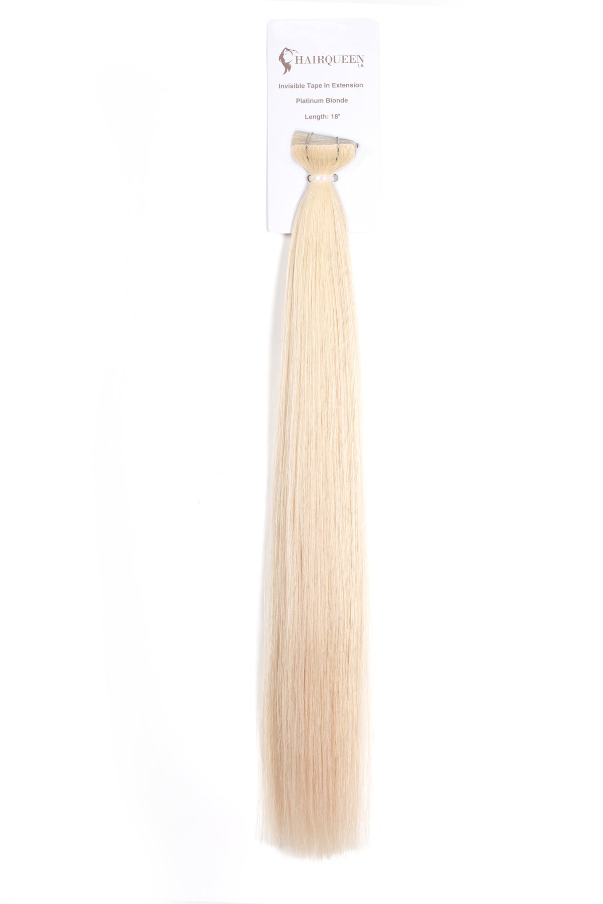 Platinum blonde tape-in hair extension strand on retail card